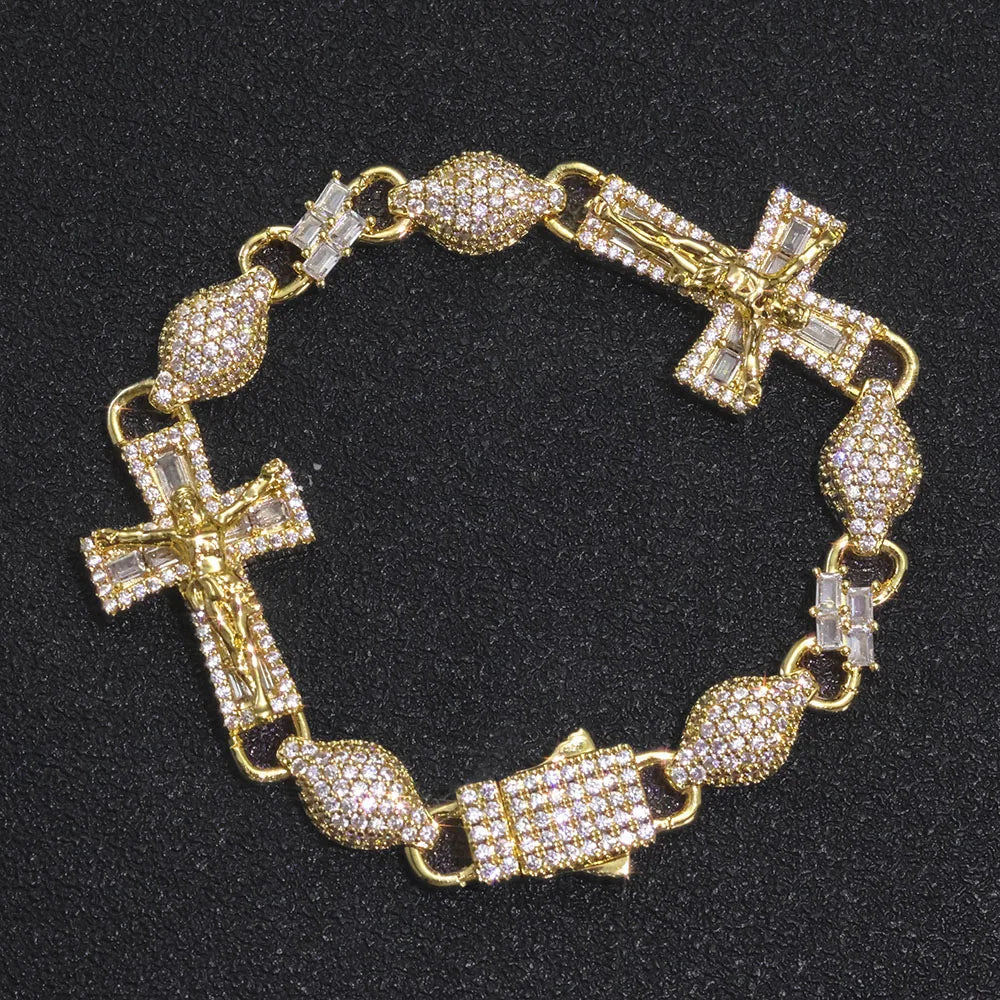Gold Cross Jesus Bracelet Iced Out 8MM Bead