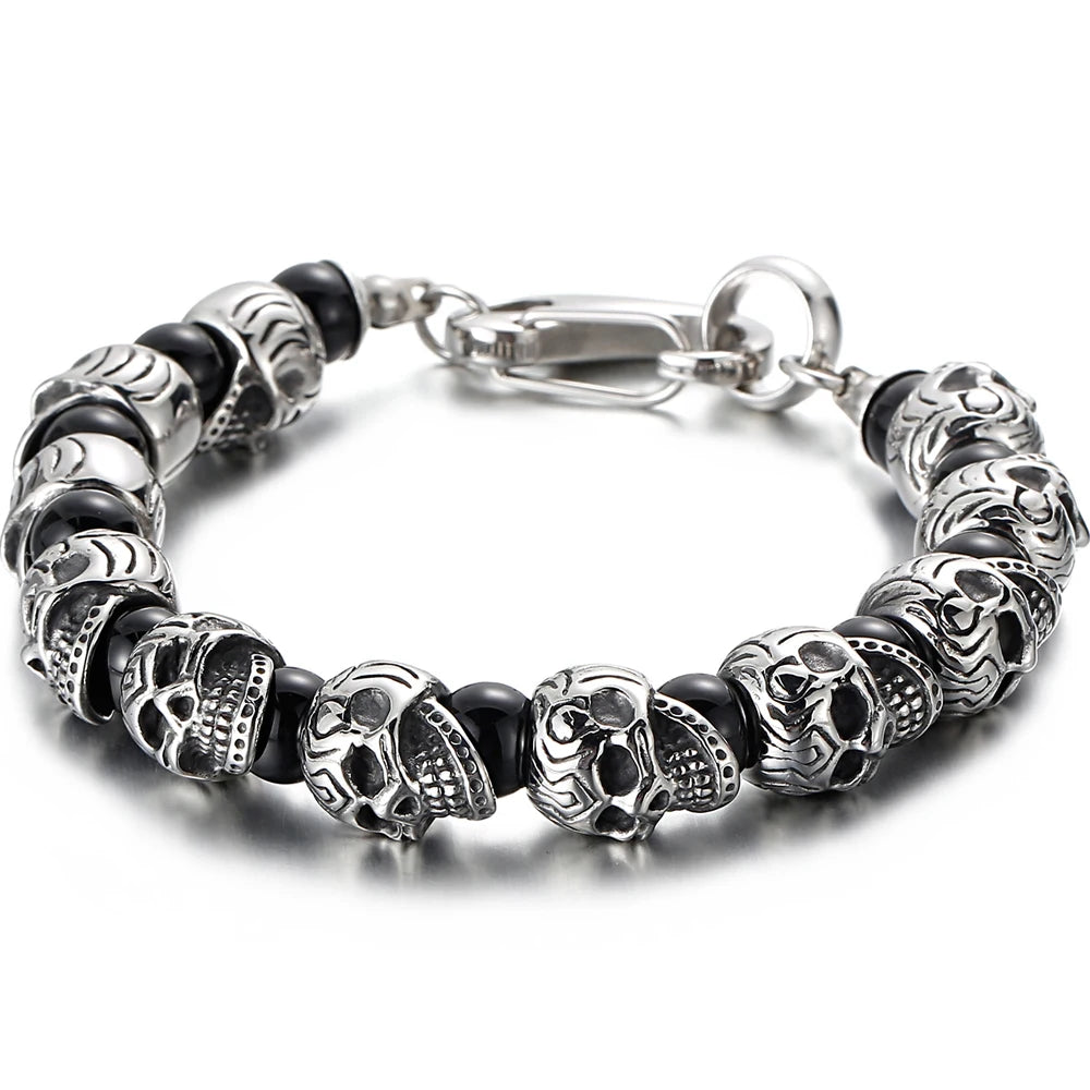 Punk Gothic Stainless Steel Skeleton Jewelry Full Skull Heads Chain Man Bracelet for Men Black Plastic Beads Bracelets