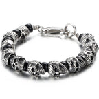 Punk Gothic Stainless Steel Skeleton Jewelry Full Skull Heads Chain Man Bracelet for Men Black Plastic Beads Bracelets