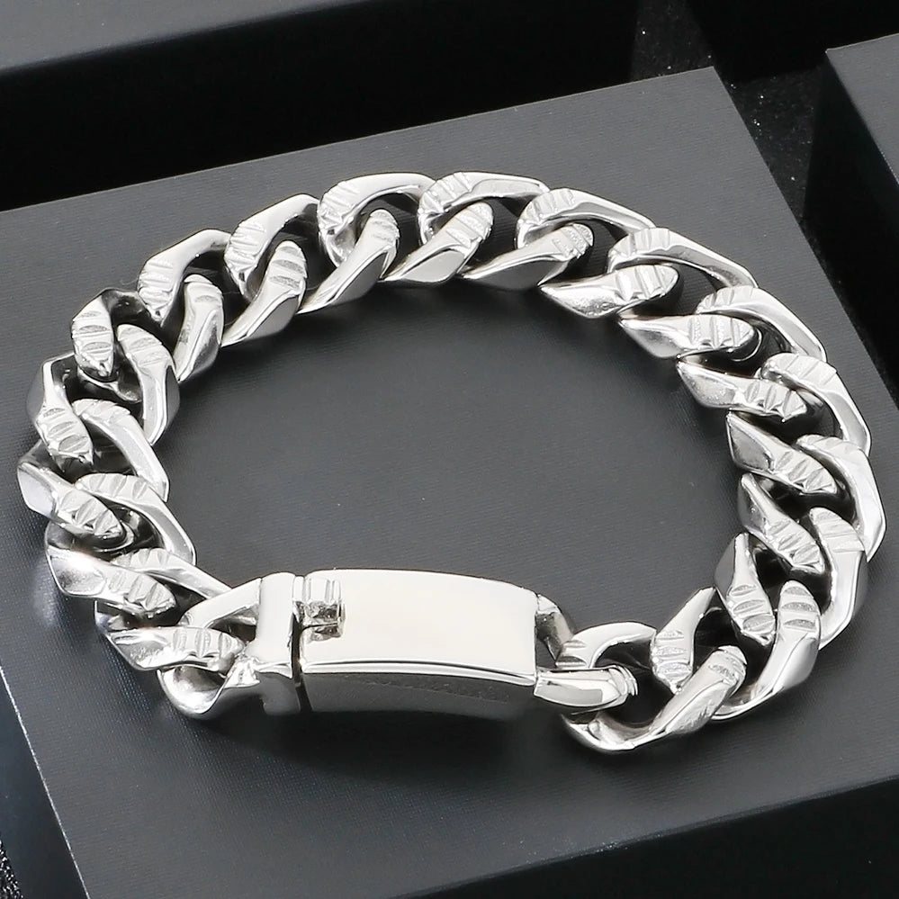 Men's Hip Hop Stainless Steel Cuban Link Bracelets Classic 16MM Width Vacuum Plated Chunky Chain Bracelet for Man Never