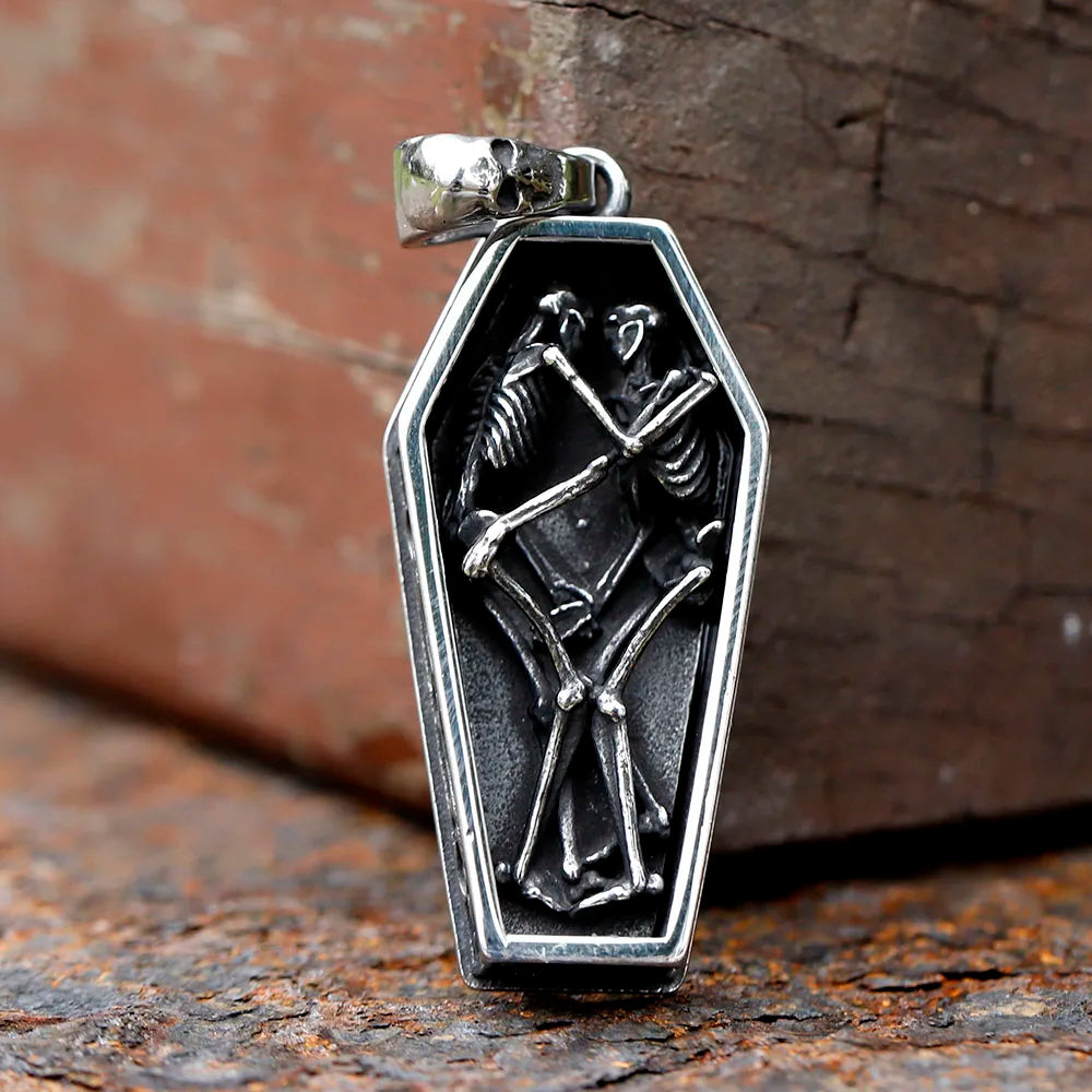 Vintage Men's Stainless Steel Steampunk Coffin Vampire Skull Skeleton Pendant Necklace Gothic Punk Biker Jewelry Gift