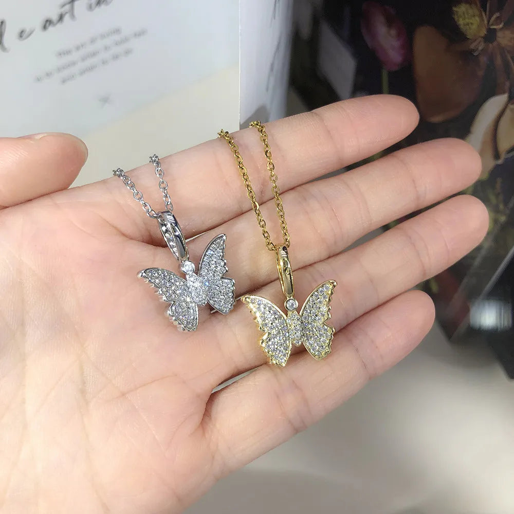 Cross Pendant Necklace Iced Out Butterfly CZ