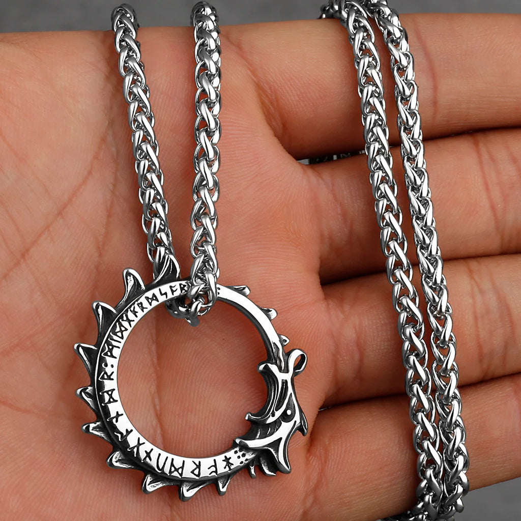 Viking Ouroboros Dragon Necklace — 24 Runes, Stainless Steel