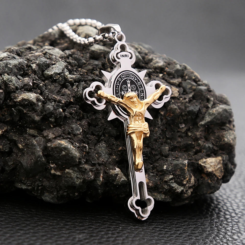 Vintage Christian Jesus Cross Pendant Necklace Men's Stainless Steel Religious Jesus Necklaces Prayer Baptism Jewelry
