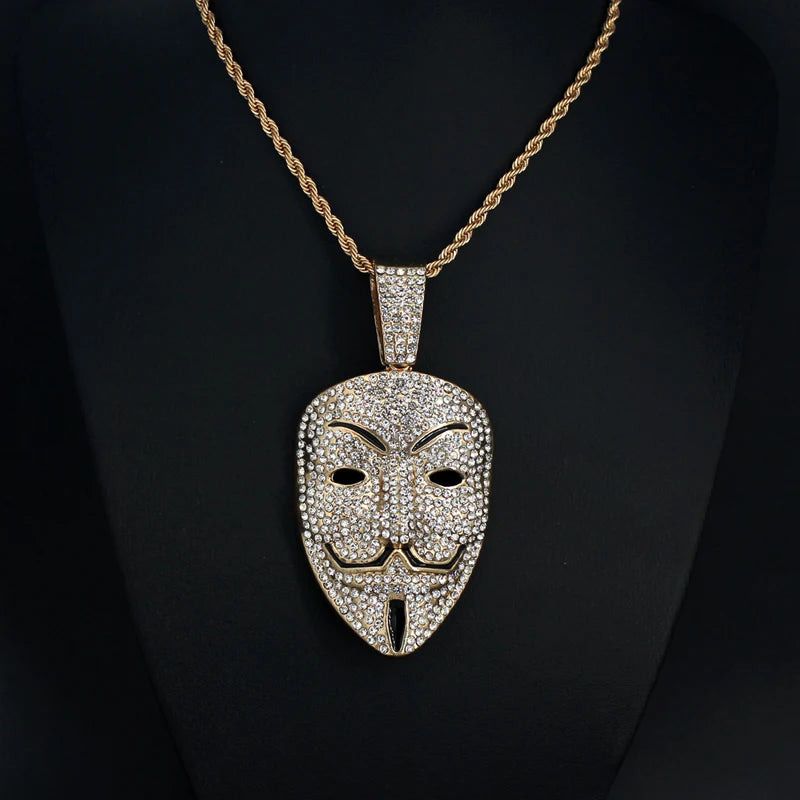 Men Women Hip Hop Large Rhinestone Mask Pendant Necklace With Twist Rope 4mm Tennis Chain HipHop Necklaces Fashion Jewelry Gift