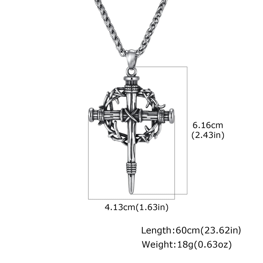 Thorn Crown Crucifix Necklace Franco Chain — Stainless Steel