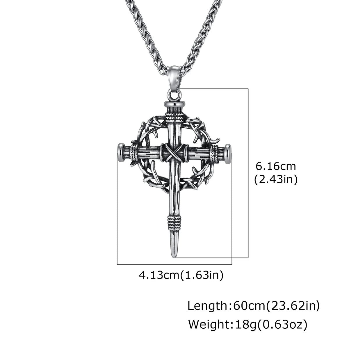 Thorn Crown Crucifix Necklace Franco Chain — Stainless Steel