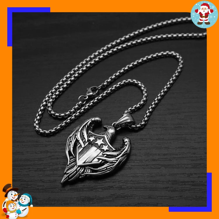 Double Wings Eagle Shield Pendant — Stainless Steel