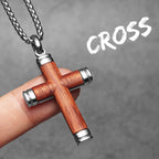 Wood Cross Pendant Necklace — Stainless Steel