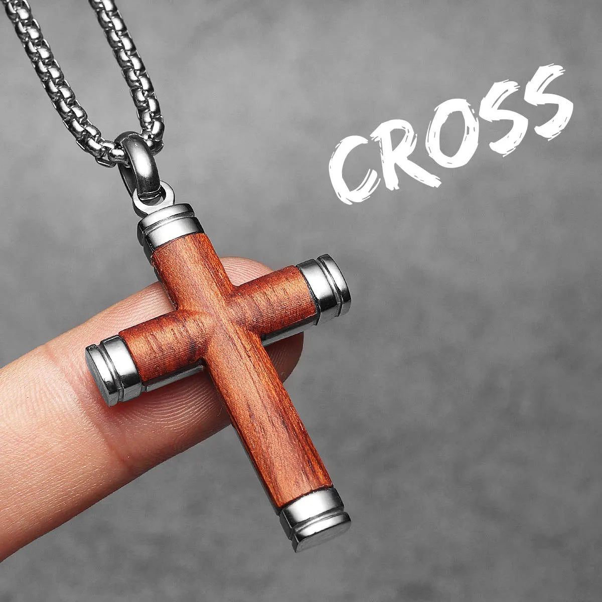 Wood Cross Pendant Necklace — Stainless Steel