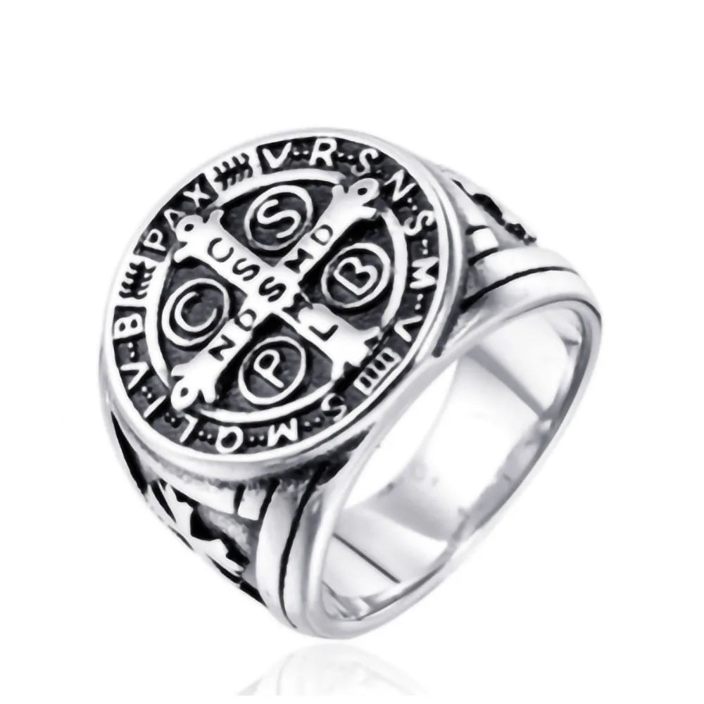 New Vintage Religious St. Benedict's Cross Ring Catholic Exorcism Church Men's Punk Niche Party Trend Metal Ring