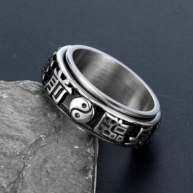 Rotating Yin Yang Ring — Chinese Nine-Character Mantra Amulet