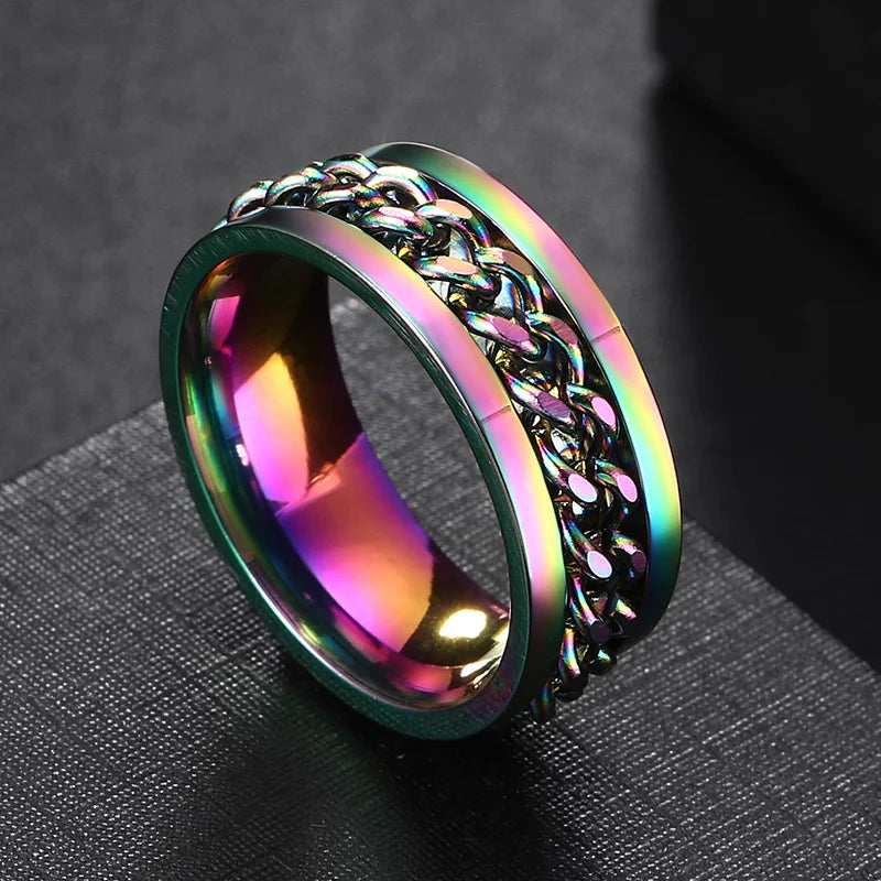 Anxiety Fidget Rings For Men Spining Titanium Stainless Steel Colorfully Spinner Rotatable Chain Jewelry Rotating Rings