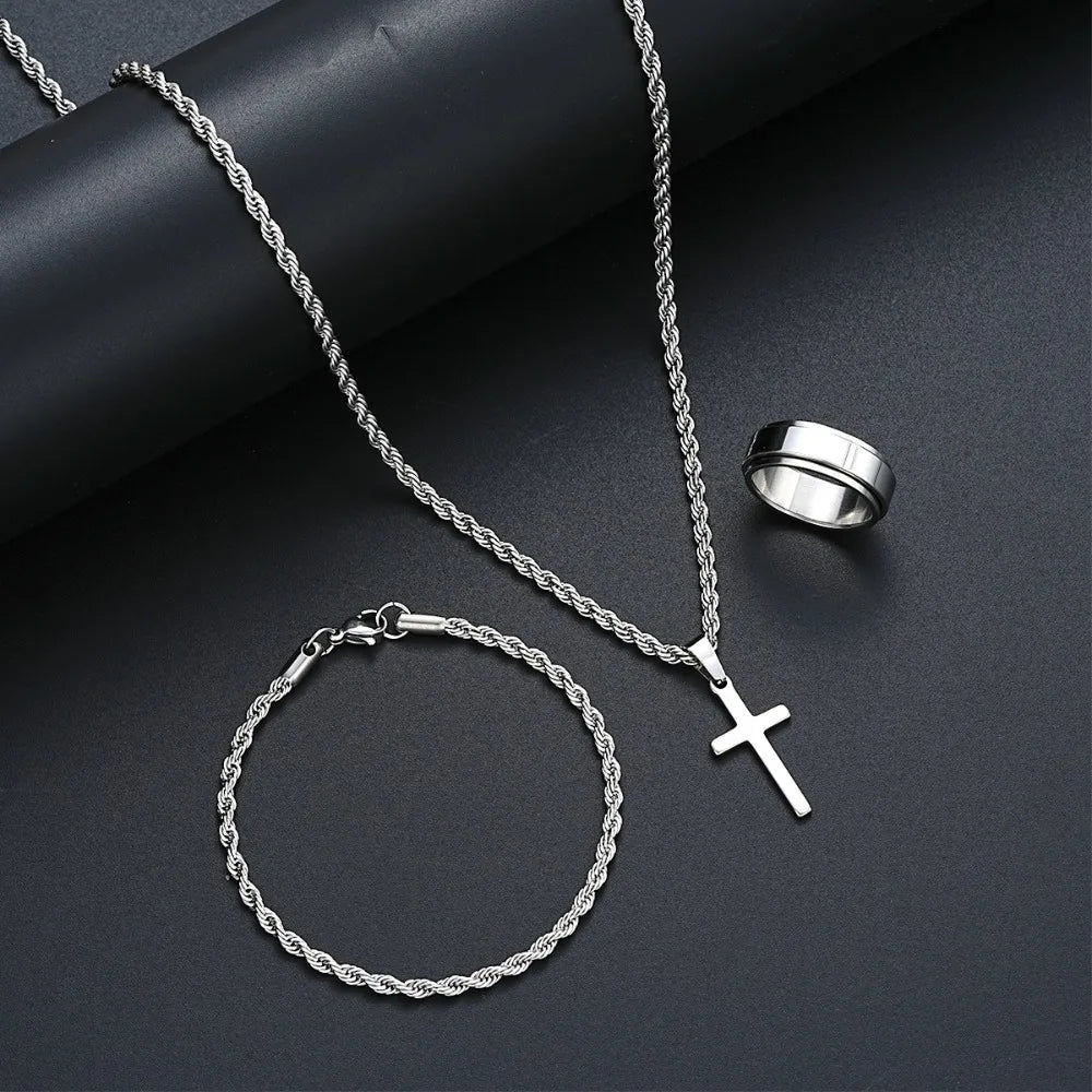 Smooth Cross Pendant Necklace Bracelet Ring Set — Stainless Steel