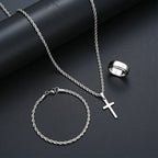 Smooth Cross Pendant Necklace Bracelet Ring Set — Stainless Steel