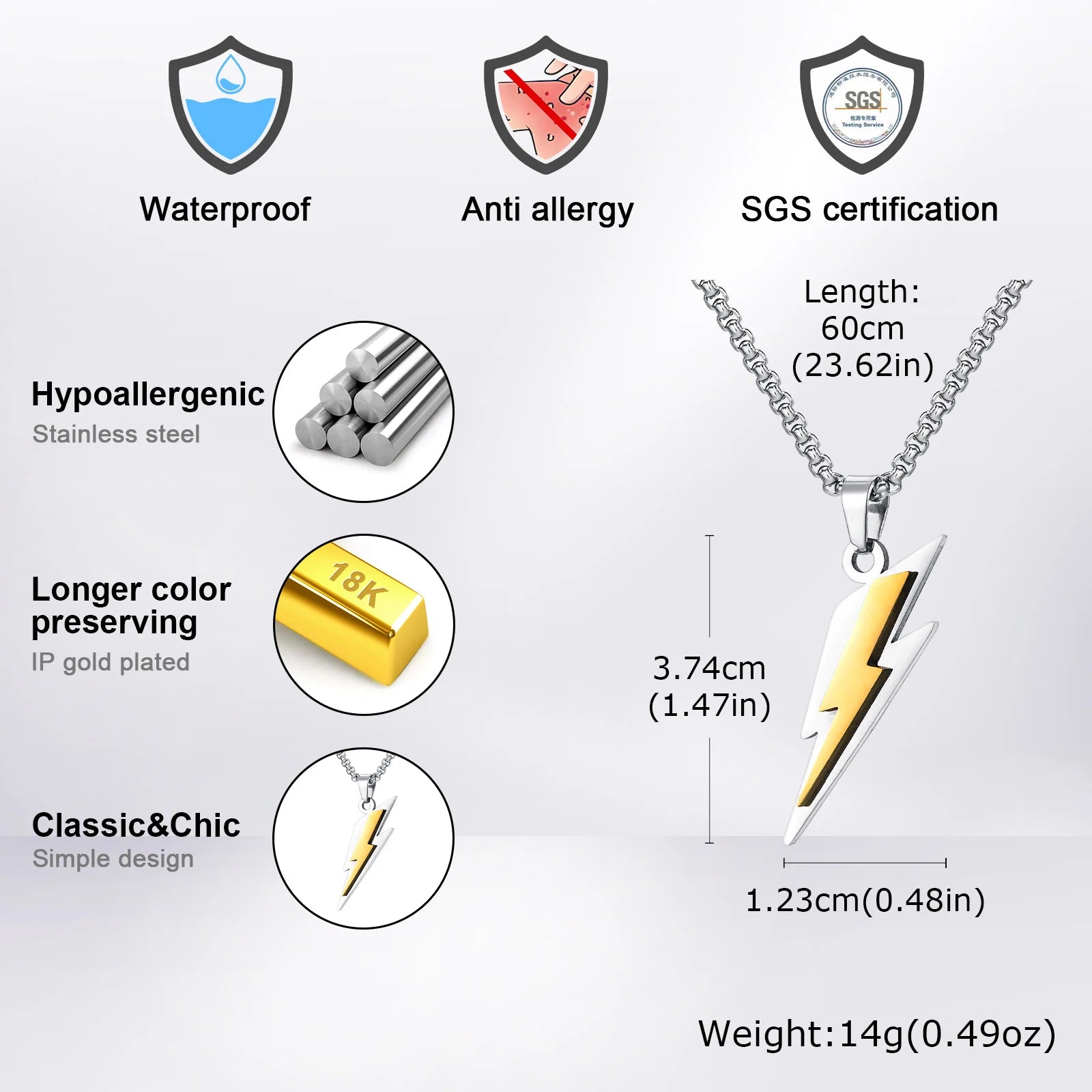 Lightning Bolt Pendant Necklace — Stainless Steel