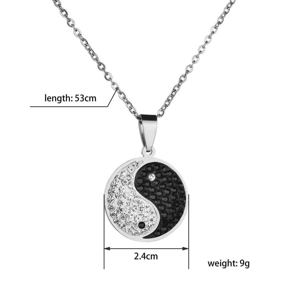 Trendy Black White Zircon Yin Yang Tai Chi Bagua Necklace For Women Men Stainless Steel Circle Pendant Jewelry Gifts