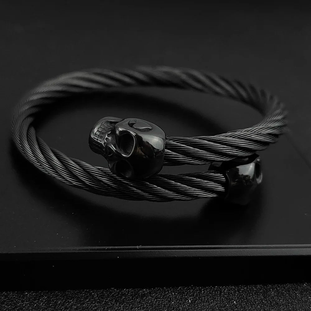 New Fashion Bracelet for Men Double Skull Bangles Open Cuff Bracelets Stainless Steel Braided Wrap Bangle Jewelry Pulsera