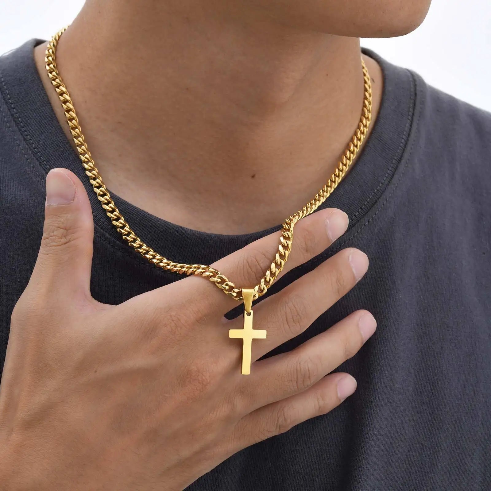 High Quality Cross Necklace for Men Boys,Stainless Steel Pendant with 5MM Cuban Chan,Classic Simple Jewelry Gift