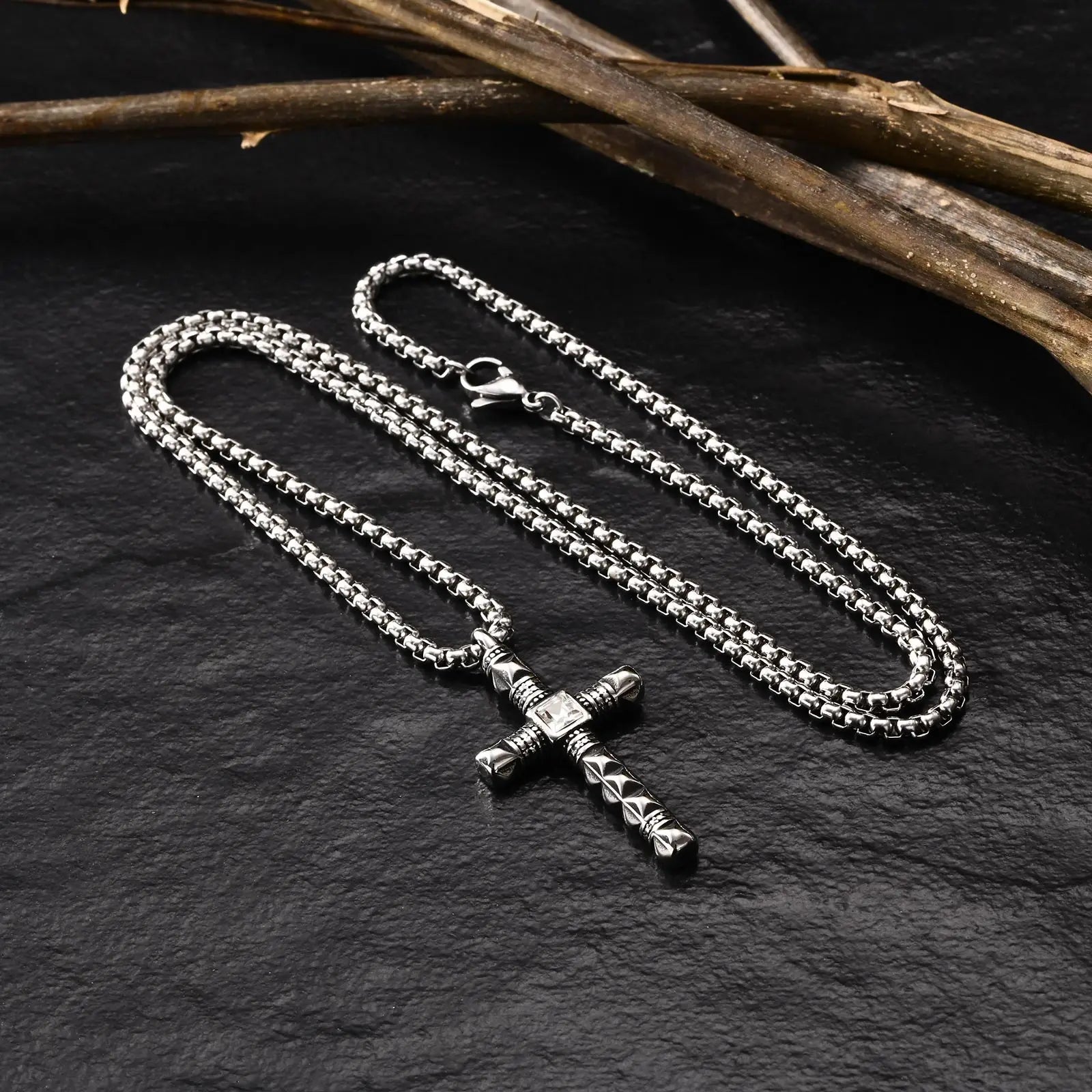 Cross Box Chain Pendant — Silver Stainless