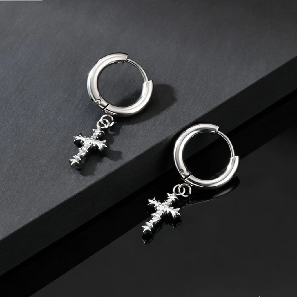 Punk Gothic Thorn Cross Pendant Hoop Earrings, Cool Hip Hop Stainless Steel Drop Earrings, Fashion Daily Party Jewelry
