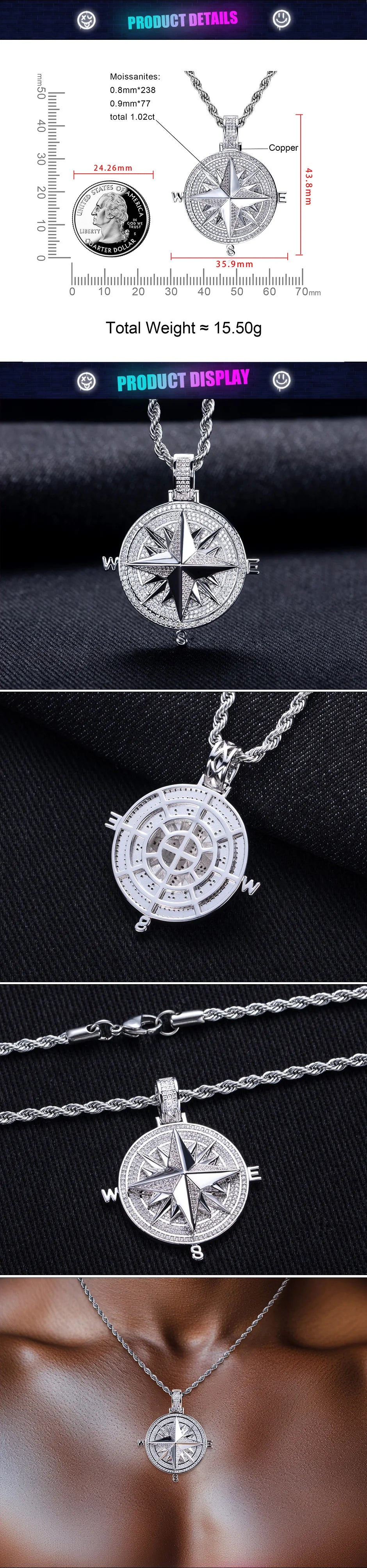 Iced Out Compass Pendant — 14K Gold