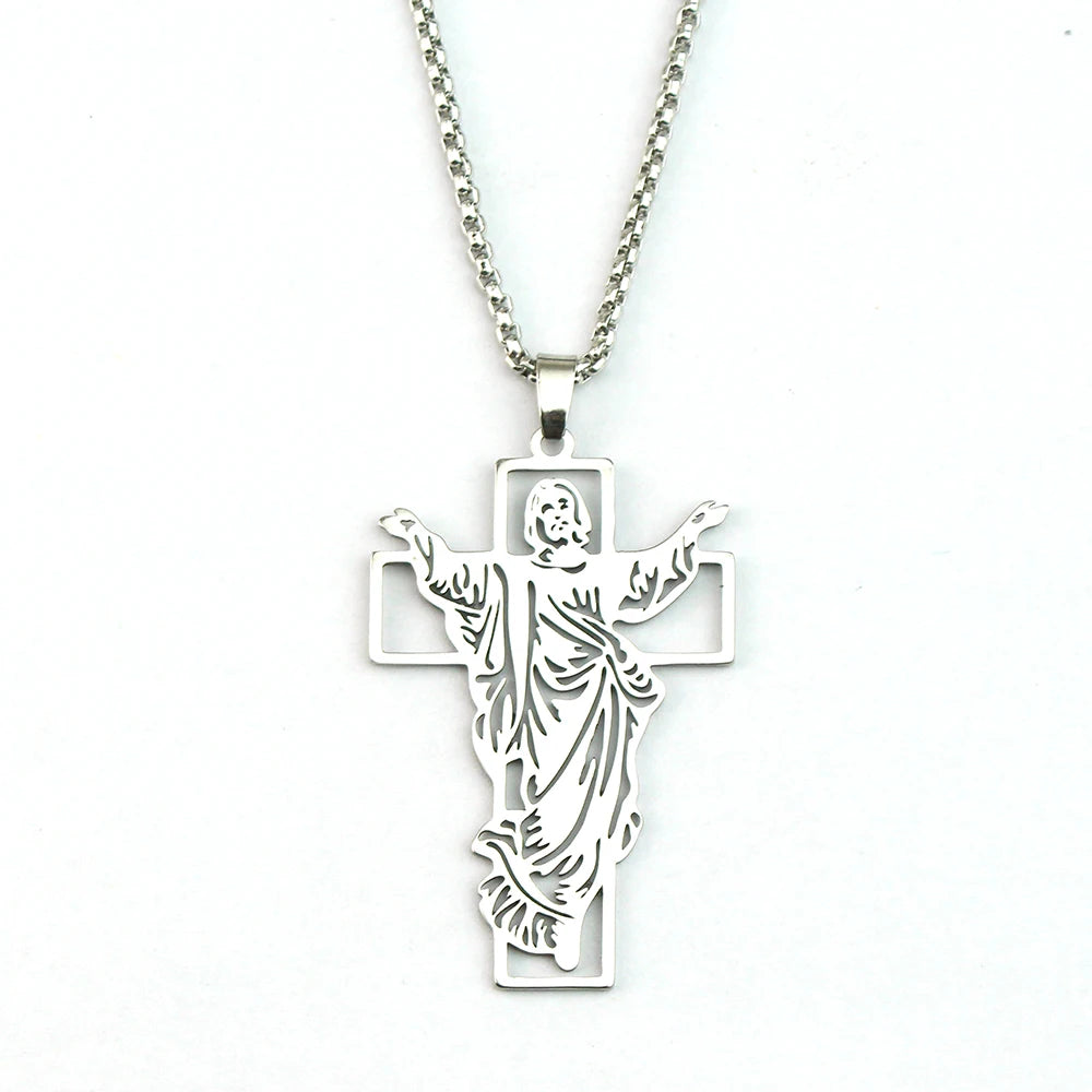 Saint Medal & Jesus Cross Pendant Necklace — Stainless Steel