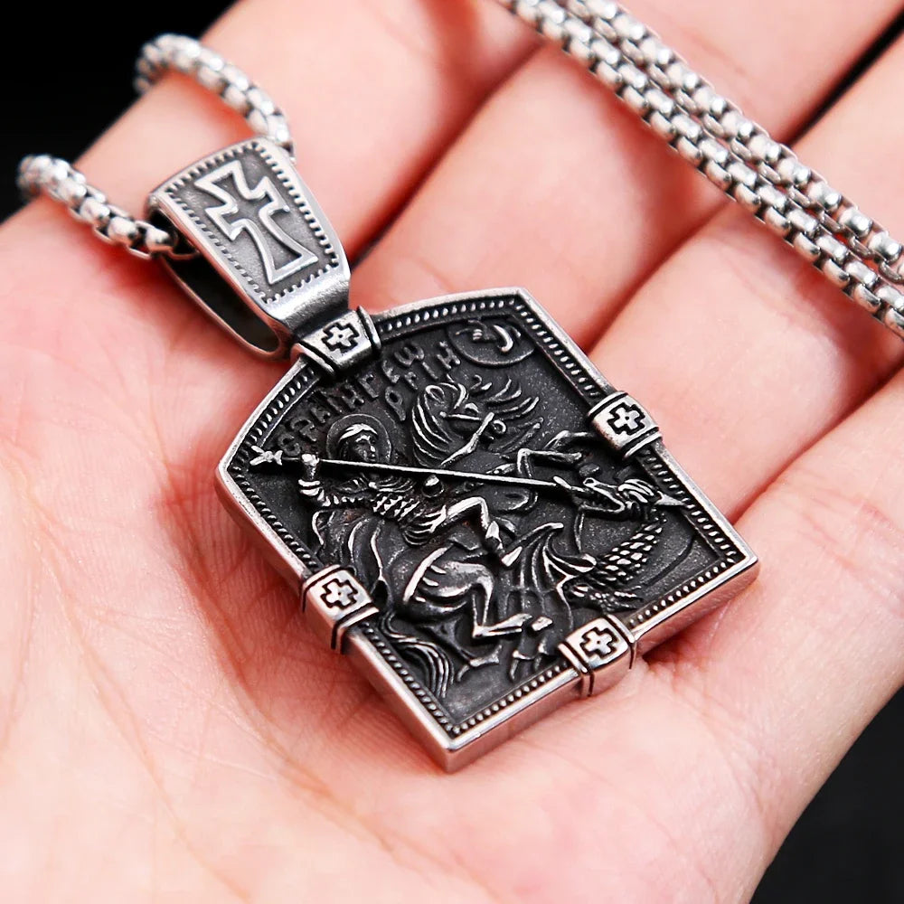 Retro Small Size Dragon Slayer St George Pendant For Men Stainless Steel Cross Biker Necklace Amulet Jewelry Gift