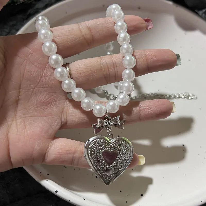 Heart Locket Layered Beaded Chain Necklace Fairy core coquette rosary Fairy Casual Cottage 00s Handmade