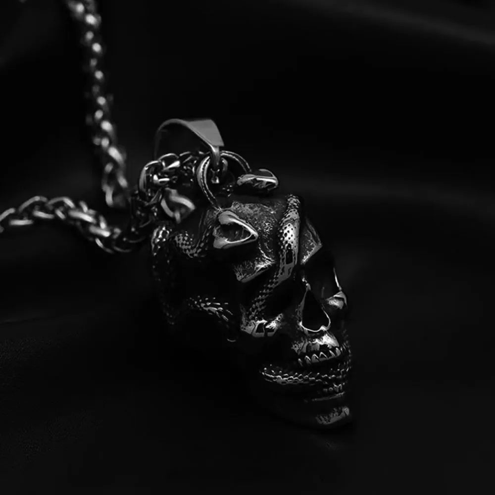 Vintage 3D Embossed Snake Skull Pendant Necklace Stainless Steel Fashion Jewelry Unisex Everyday Street Rock Party Holiday Gift