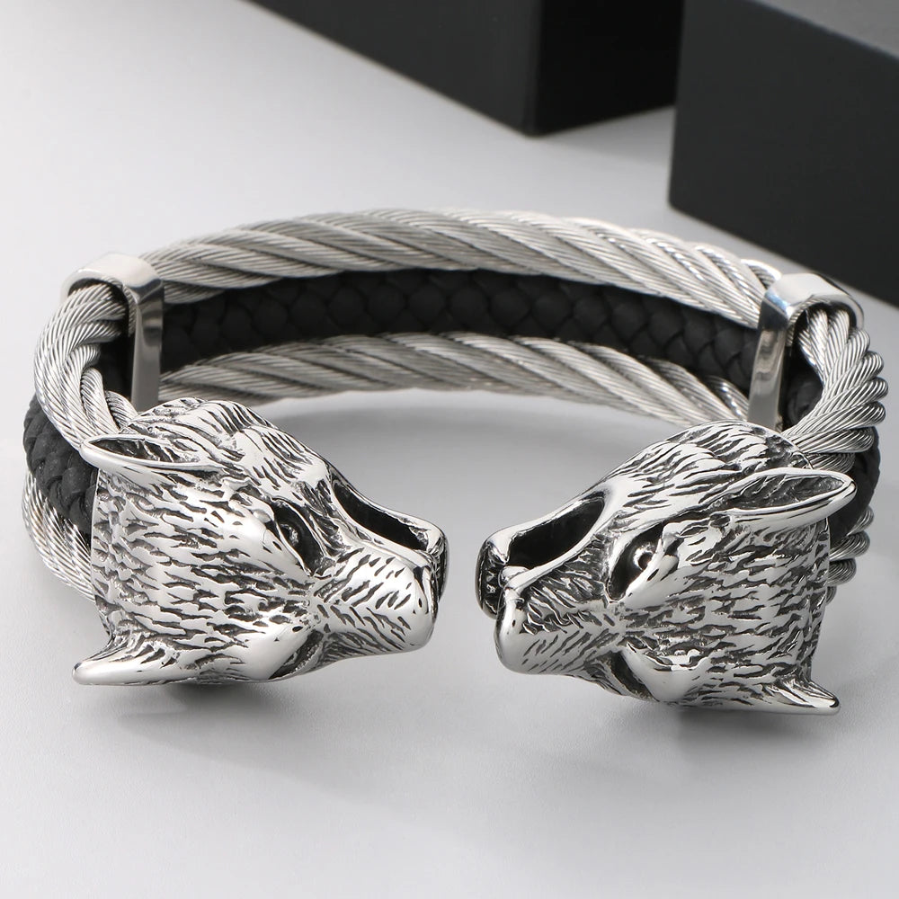 Gothic Elastic Double Wolf Face Head Open Cuff Bangle Bracelet For Man 12MM Wide Twist Chain Stainless Steel Men Men's
