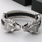 Gothic Elastic Double Wolf Face Head Open Cuff Bangle Bracelet For Man 12MM Wide Twist Chain Stainless Steel Men Men's