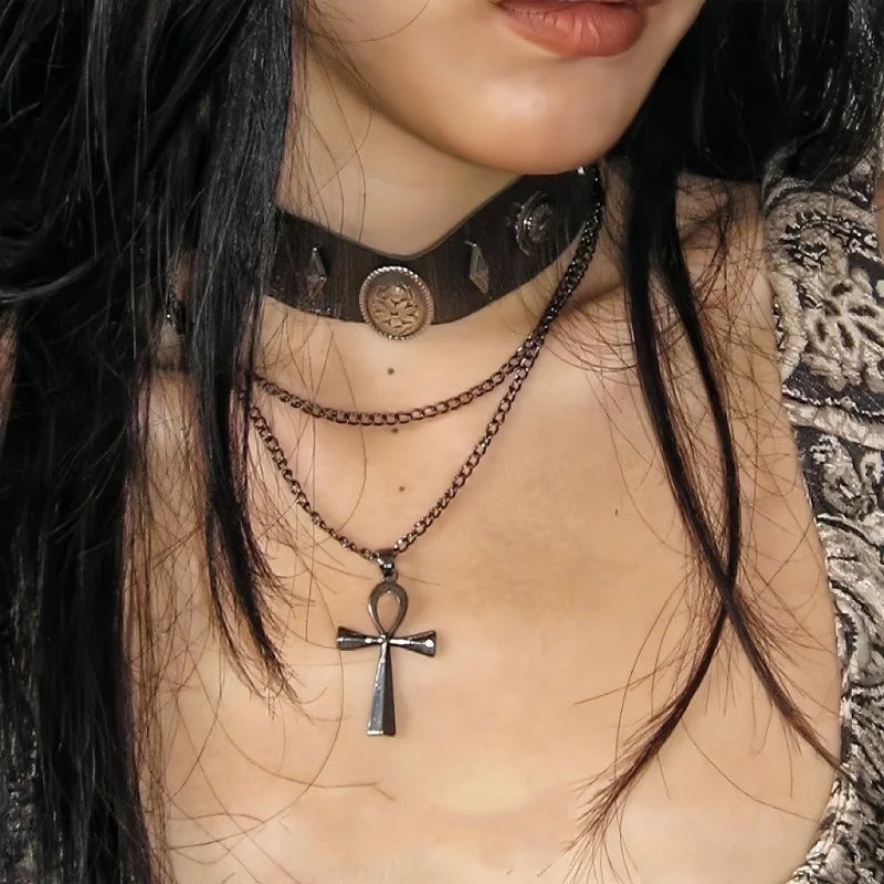 Y2K Spike Cross Black Pendant Necklace