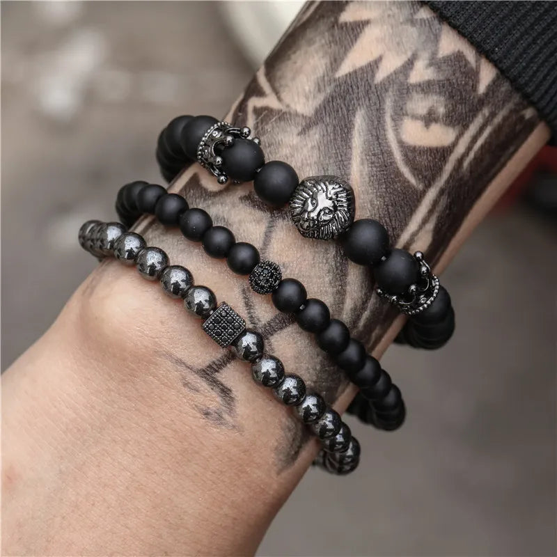 Lion Head Crown Dice Bead Bracelet Set — Black-Tone, 3 Pcs