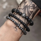 Lion Head Crown Dice Bead Bracelet Set — Black-Tone, 3 Pcs