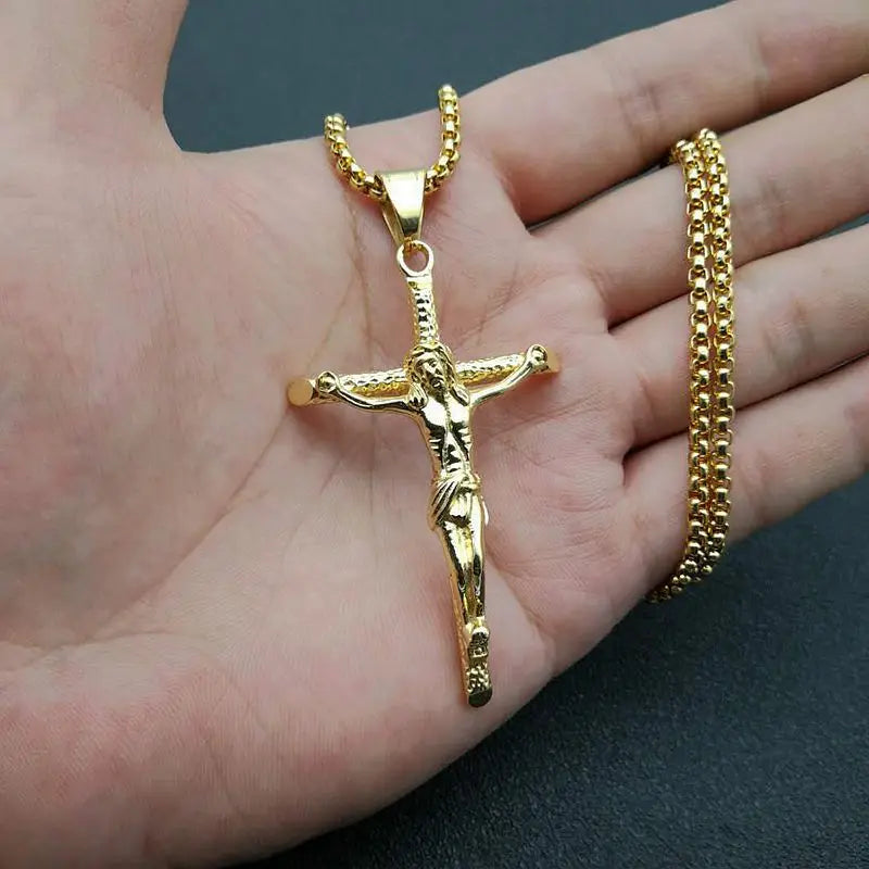 316L Stainless Steel Link Chain INRI Jesus Cross Crucifix Pendant&Necklaces Men Fashion Jewelry Gold Silver Color Father Gift