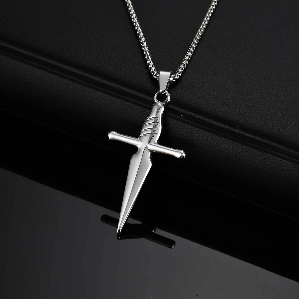 Men's Sword Cross Necklace,Short Sword Stainless Steel Pendant Necklace,Rock Punk Jewelry Gift