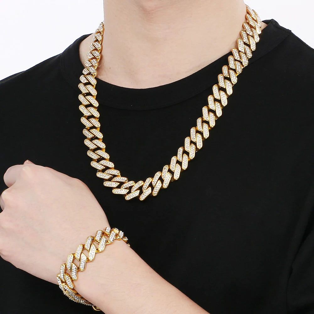 Hip Hop Rock Men's CZ Necklace & Bracelet Jewellery Set Luxury Waterproof Gold Color Stainless Steel Jewelry