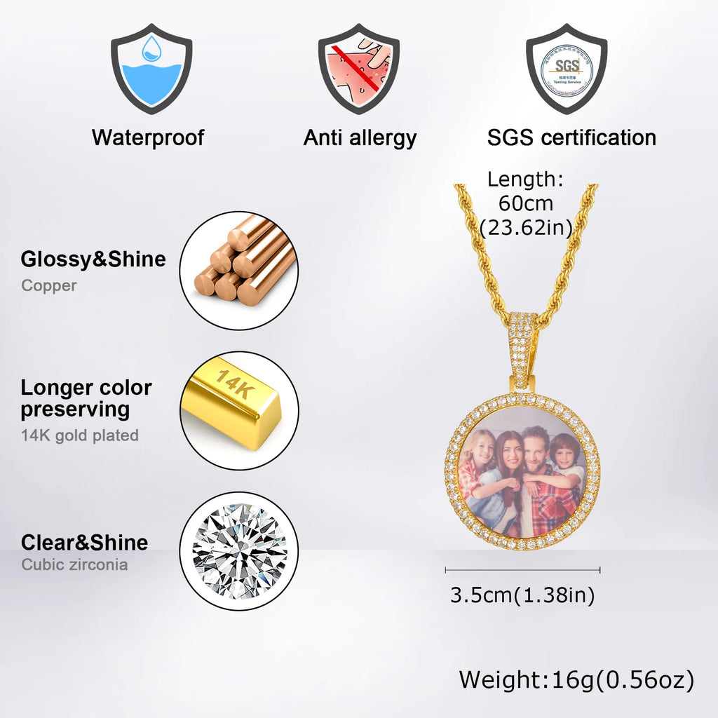Vnox Free Custom Round Photo Frame Necklaces Gift for Women Men,Big Coin Pendant Zircon Stone Circle,Family Picture