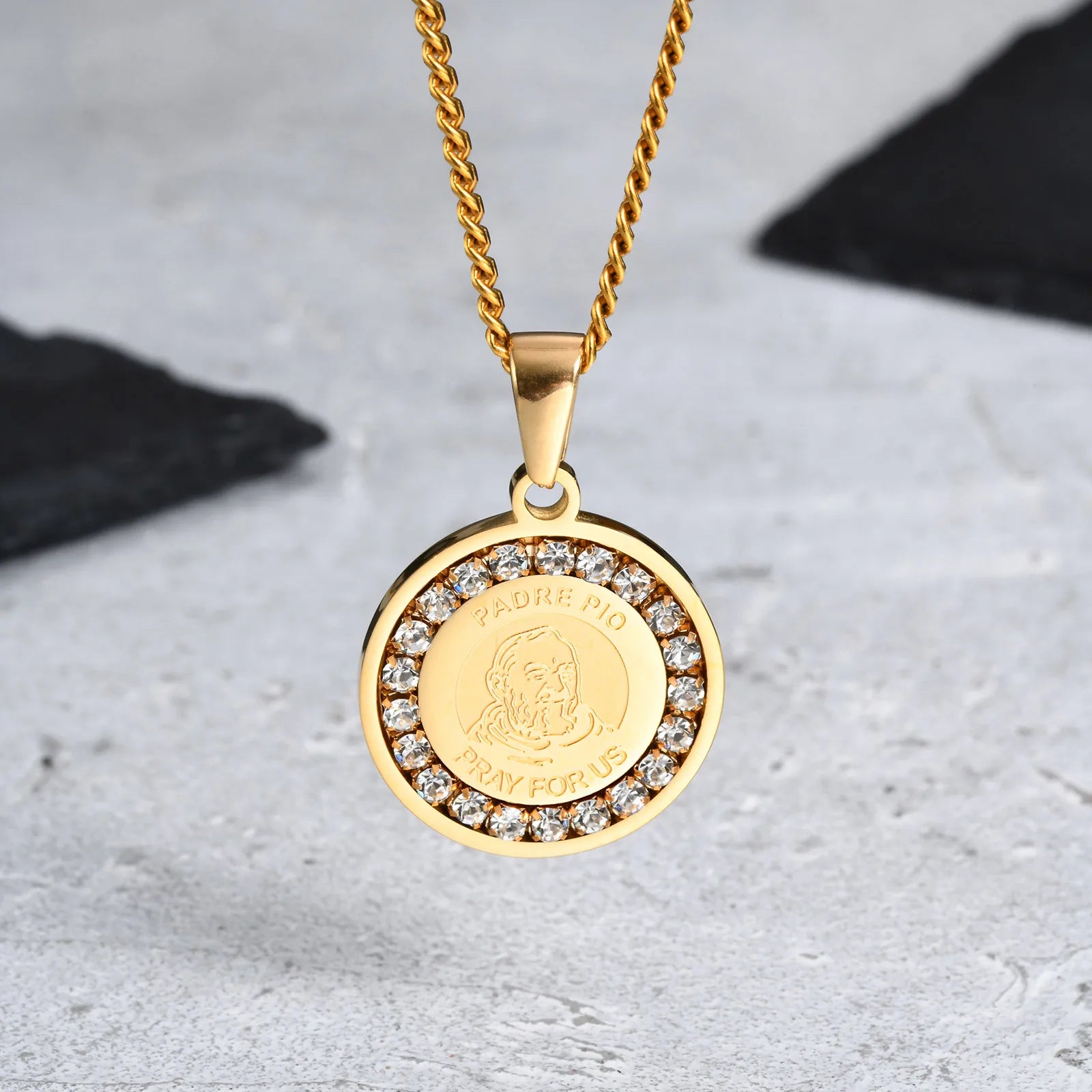 Iced Out Prayer Coin Pendant Necklace — Stainless Steel