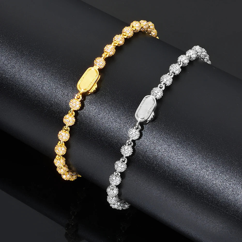 Gold Iced Out Bead Bracelet 18K Round 4MM