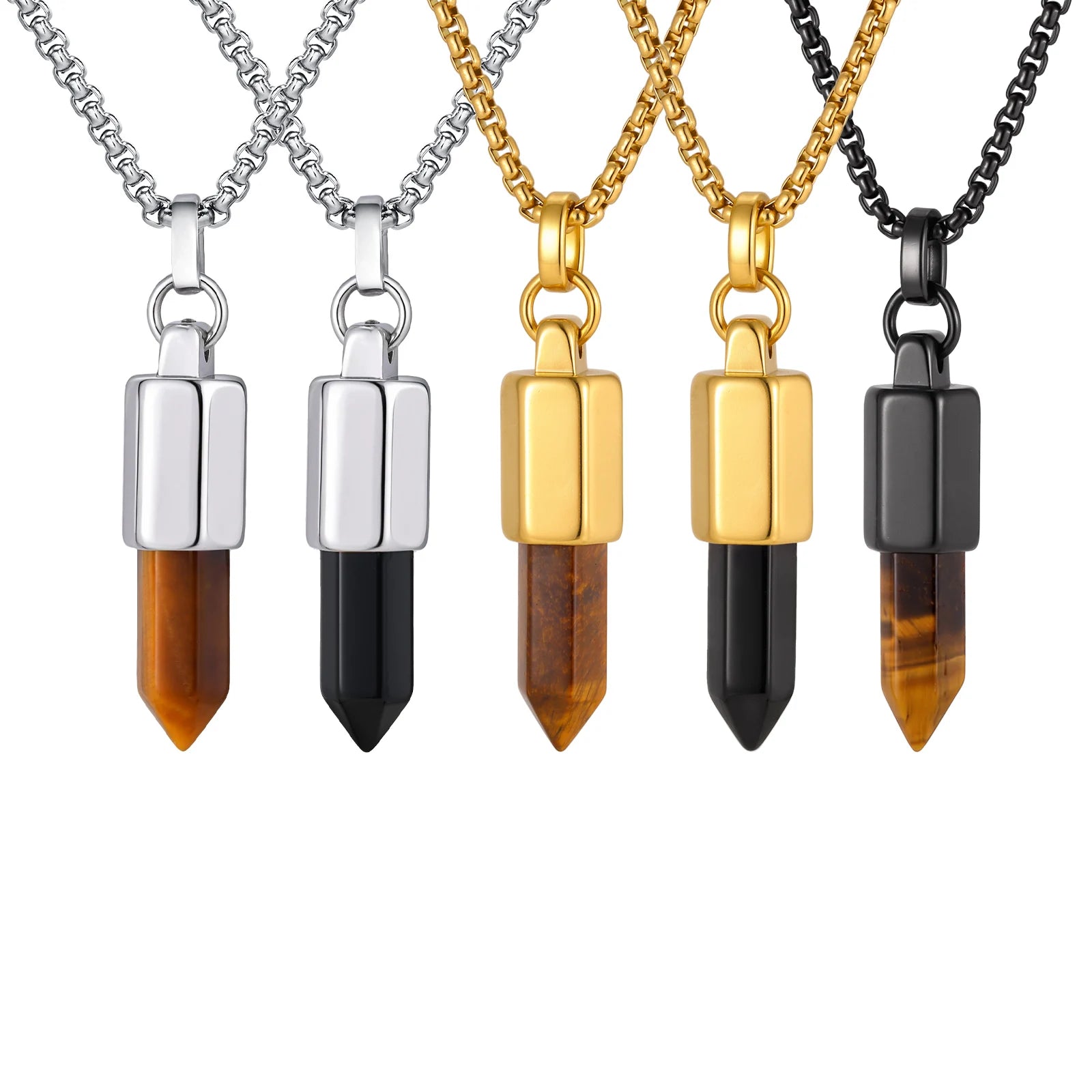 Black Agate Pendant Necklace — Stainless Steel