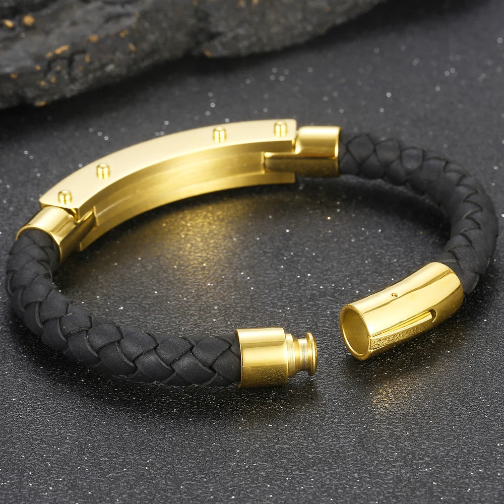 Gold Color Bracelets for Men 8MM Wide Braided Leather Rope Chain Bracelet CZ Stainless Steel Men's Arm Jewelry Birthday