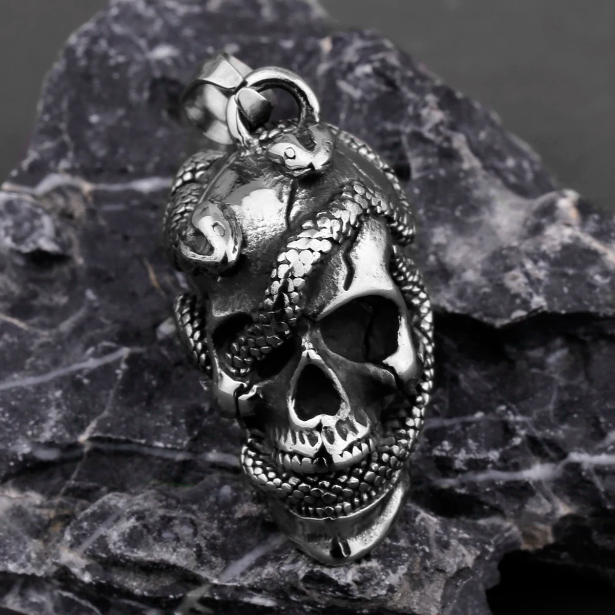 Snake Skull Pendant Necklace — Black Stainless Steel