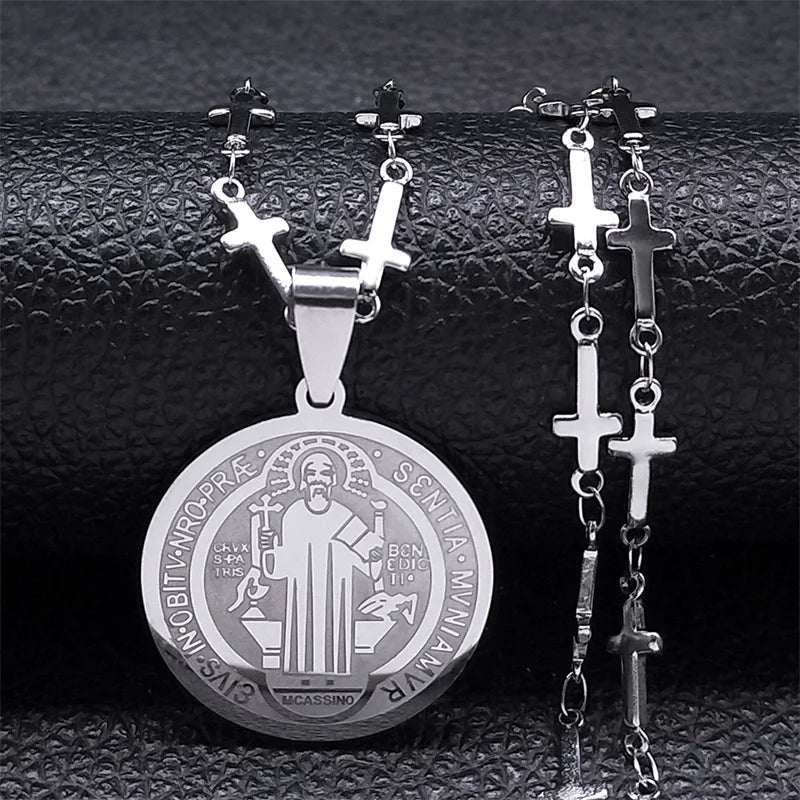 Catholic Saint Benedict Medal Stainless Steel Necklace for Women Men Gold Color Jesus Cross Chain Jewelry san benito