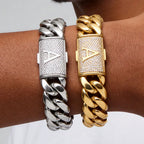 HHIOK Gold Plated Stainless Steel Cuban Chain Set Brass Zircon A Letter Diamond Clasp Men Hip Hop Miami Necklace