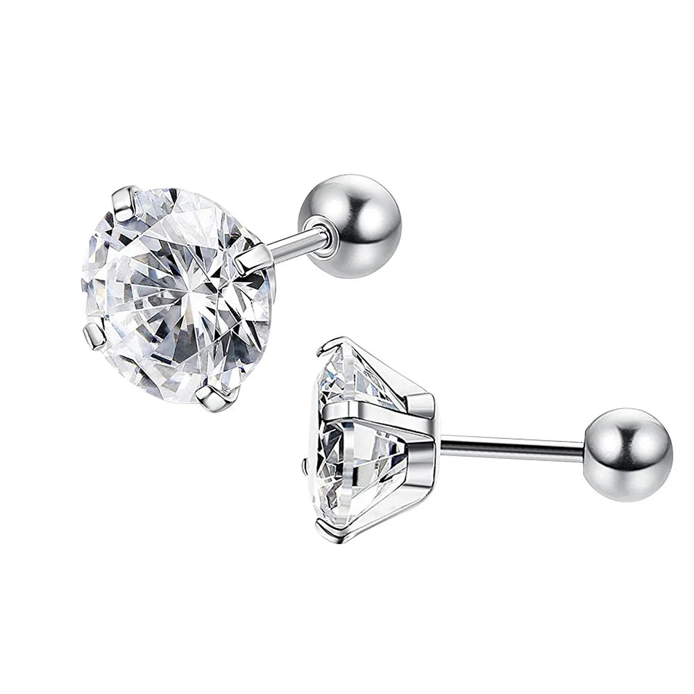 1 Pair 3-8mm Classic Round/Flat Back Screw Stud Earrings for Women/Men Stainless Steel  Shiny Zircon Crystal Piercing Jewelry