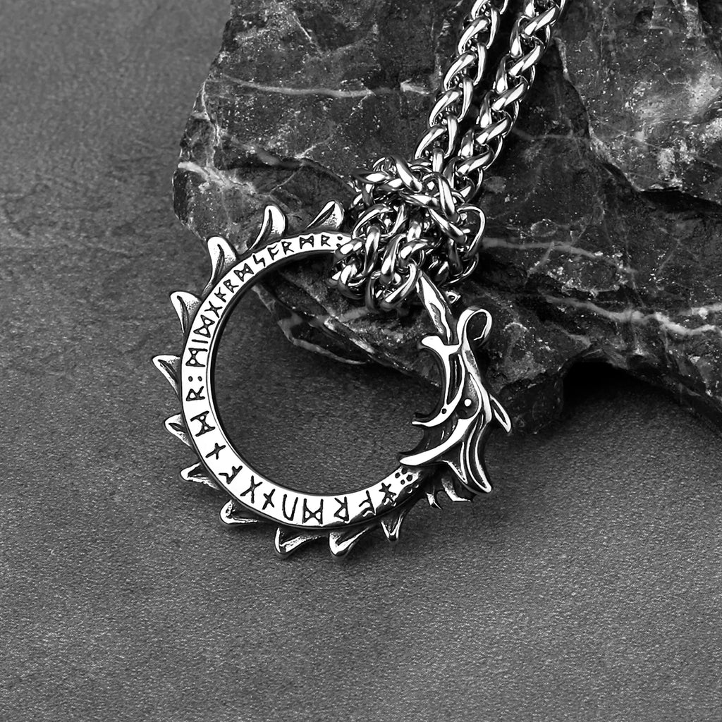 Viking Ouroboros Dragon Necklace — 24 Runes, Stainless Steel