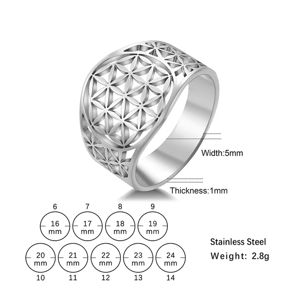 Flower of Life Hollow Geometric Filigree Ring — Stainless Steel