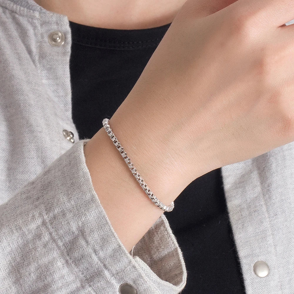 100% Solid 925 Sterling Silver Box Chain Bracelet Unisex Bangle For Men & Women Thoughtful Jewelry Gift for Birthdays/Holidays